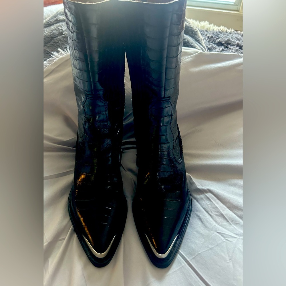 Black boots Zara mid calf black croc boots. Shiny & clean. Silver tip toe
